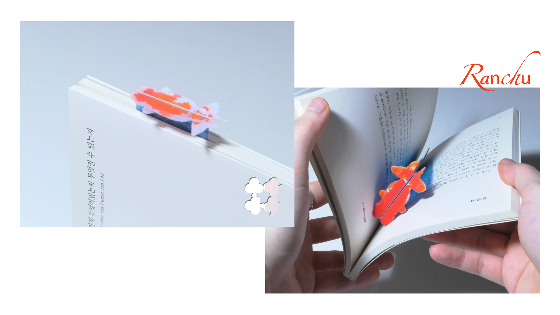 Ranchu bookmarks and clover on a book