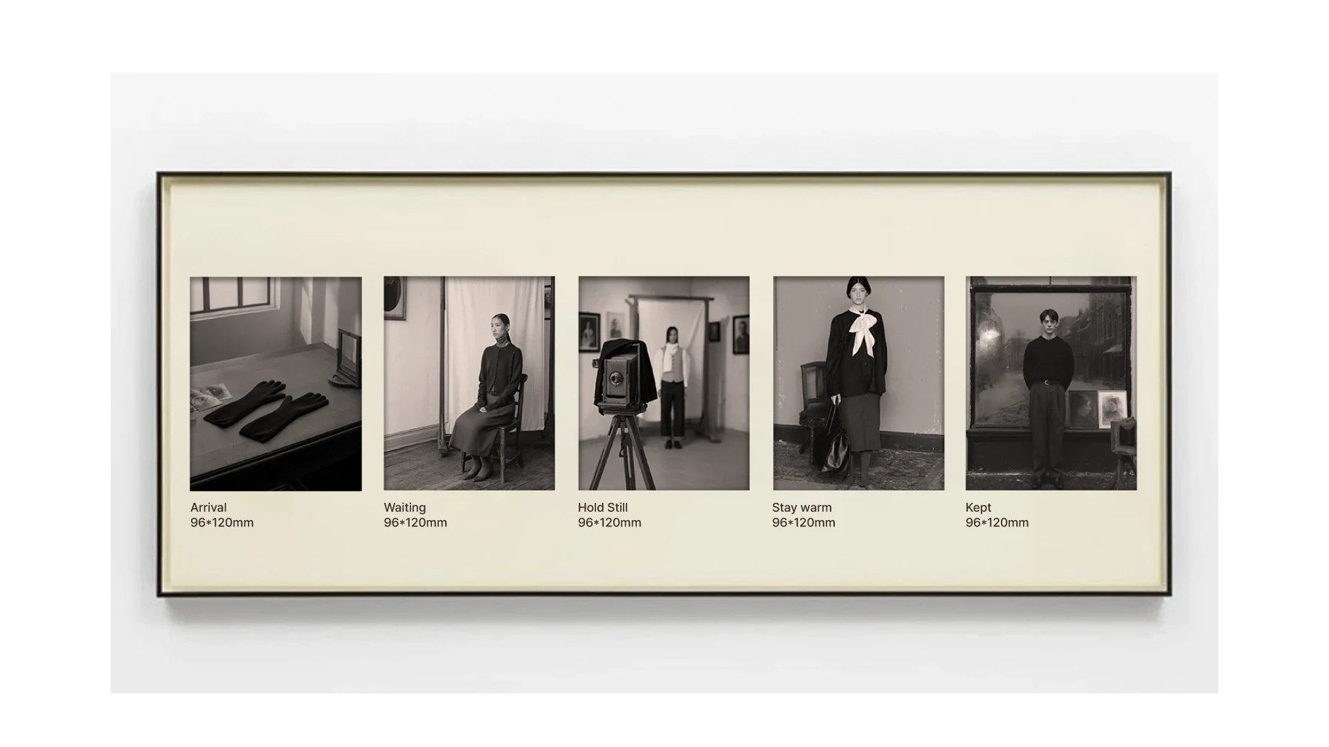 Five campaign prints in one frame: Arrival, Waiting, Hold Still, Stay warm, Kept