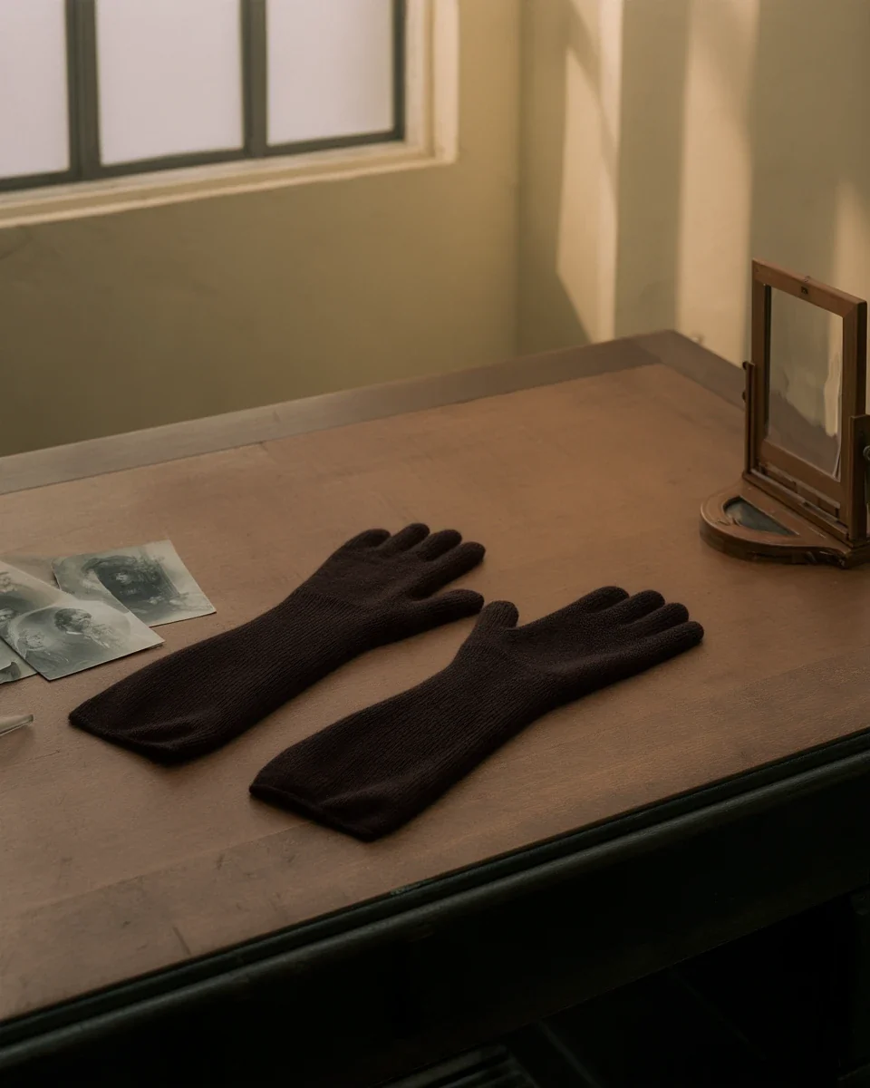 Knit gloves on a wooden desk by the window