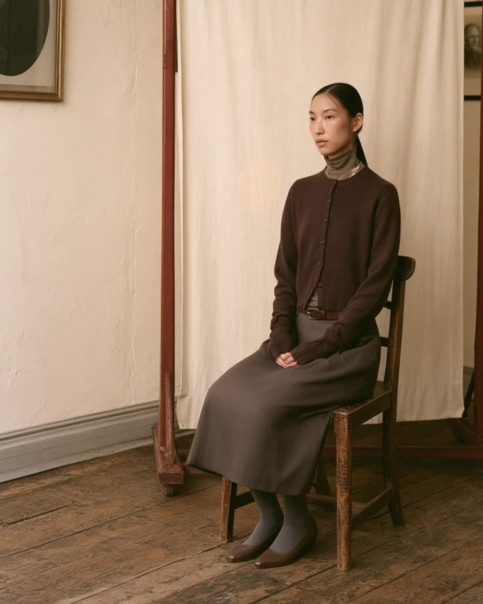 Model seated in a brown cardigan before a studio backdrop