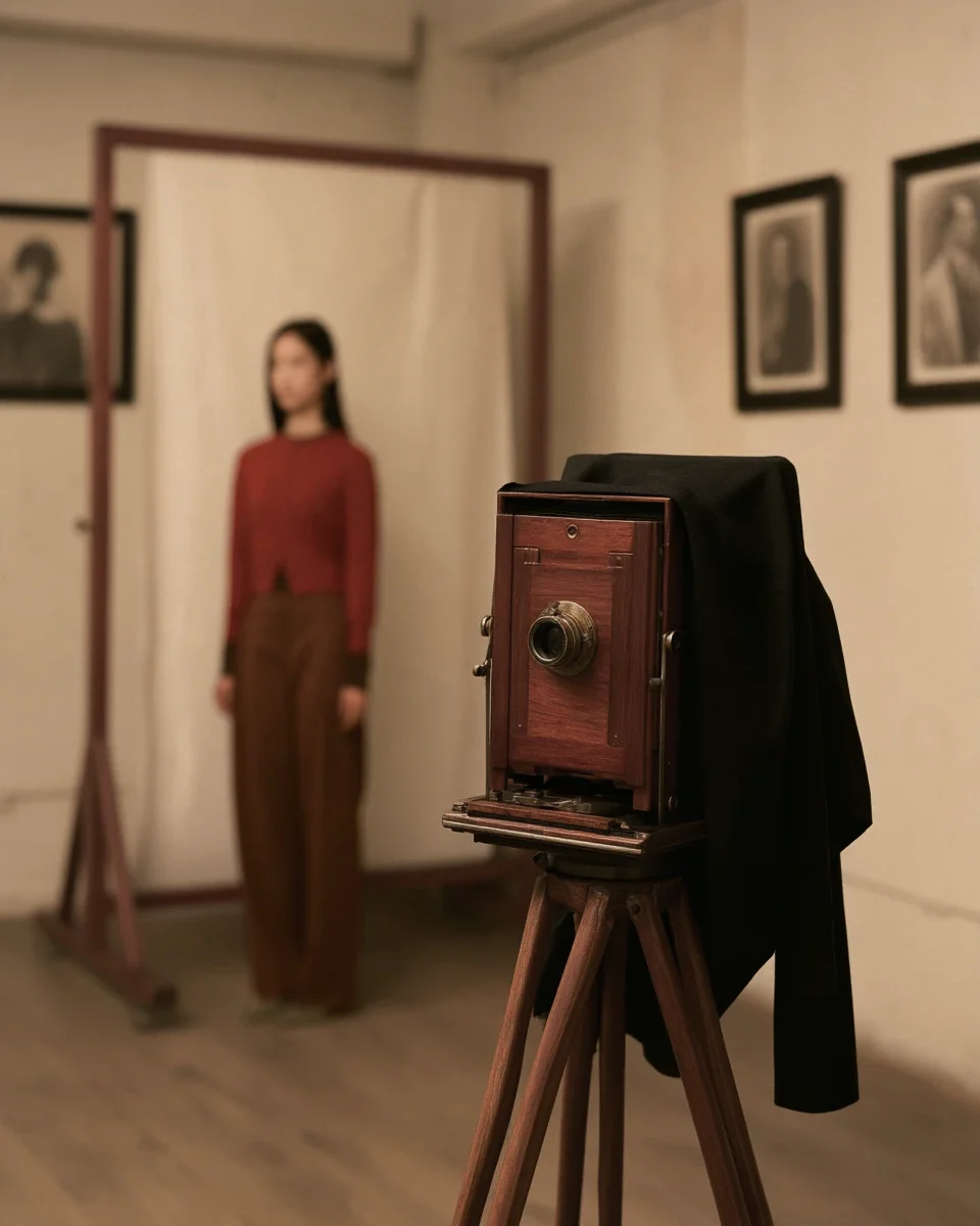 Large-format camera with a model in red behind it