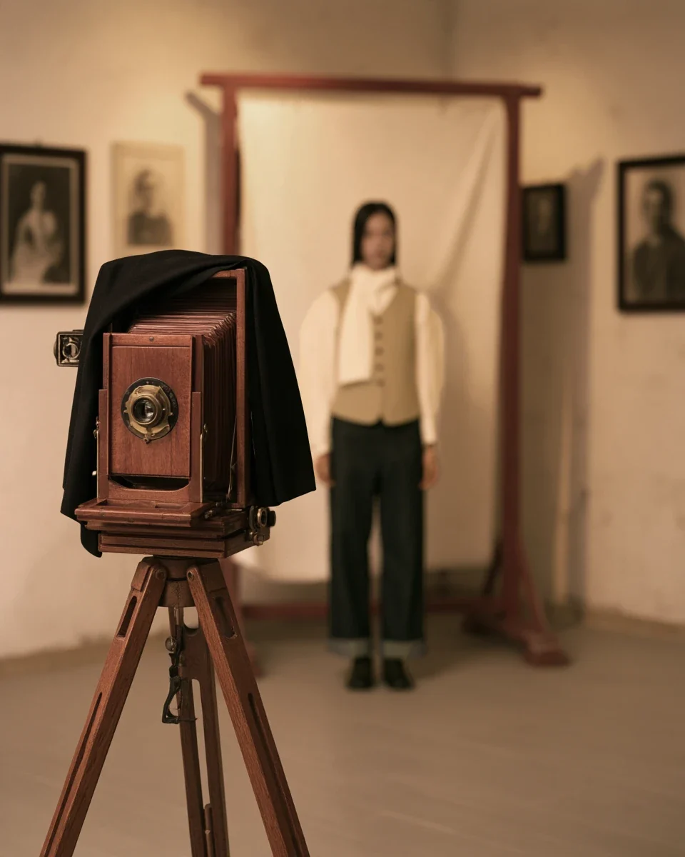 Camera facing a model in a cream vest