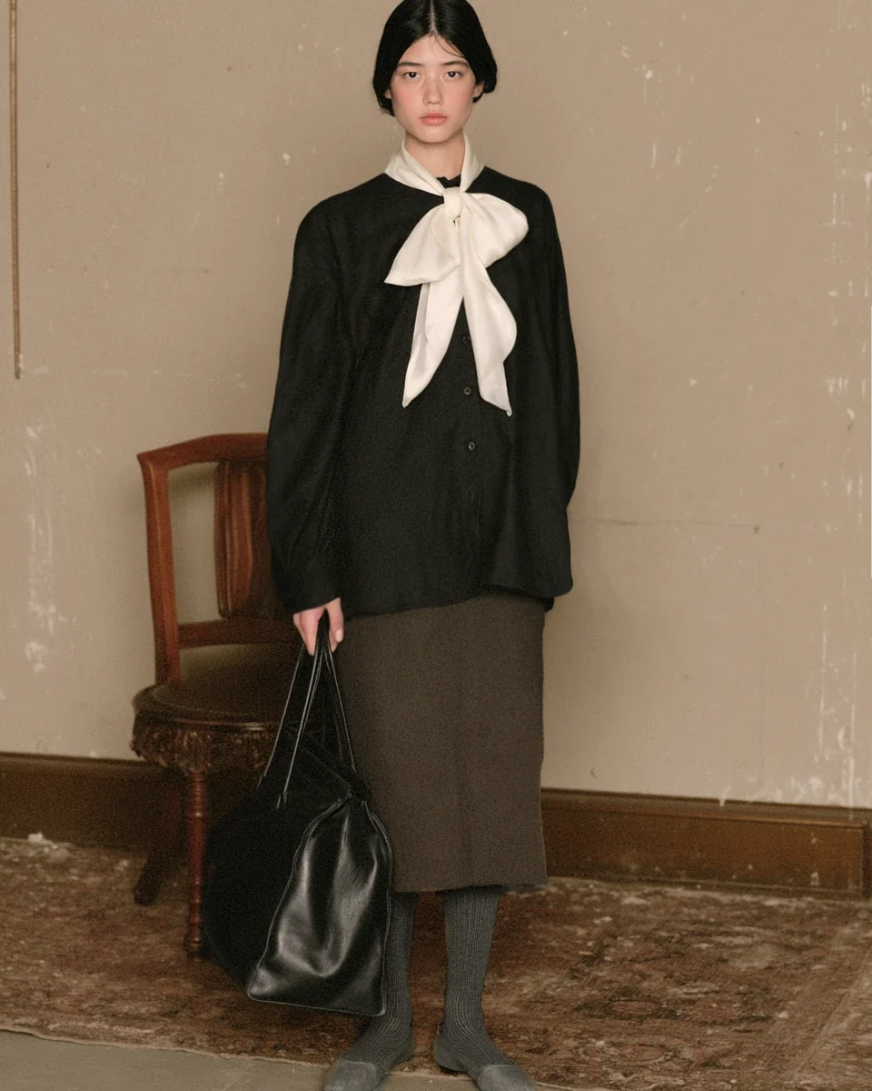 Model in a black blouse with a white bow and leather bag