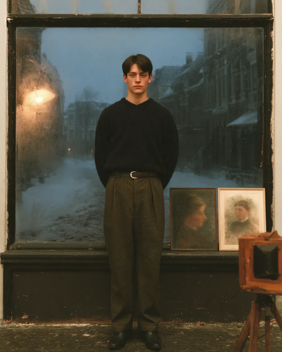 Model standing before a frosted studio window