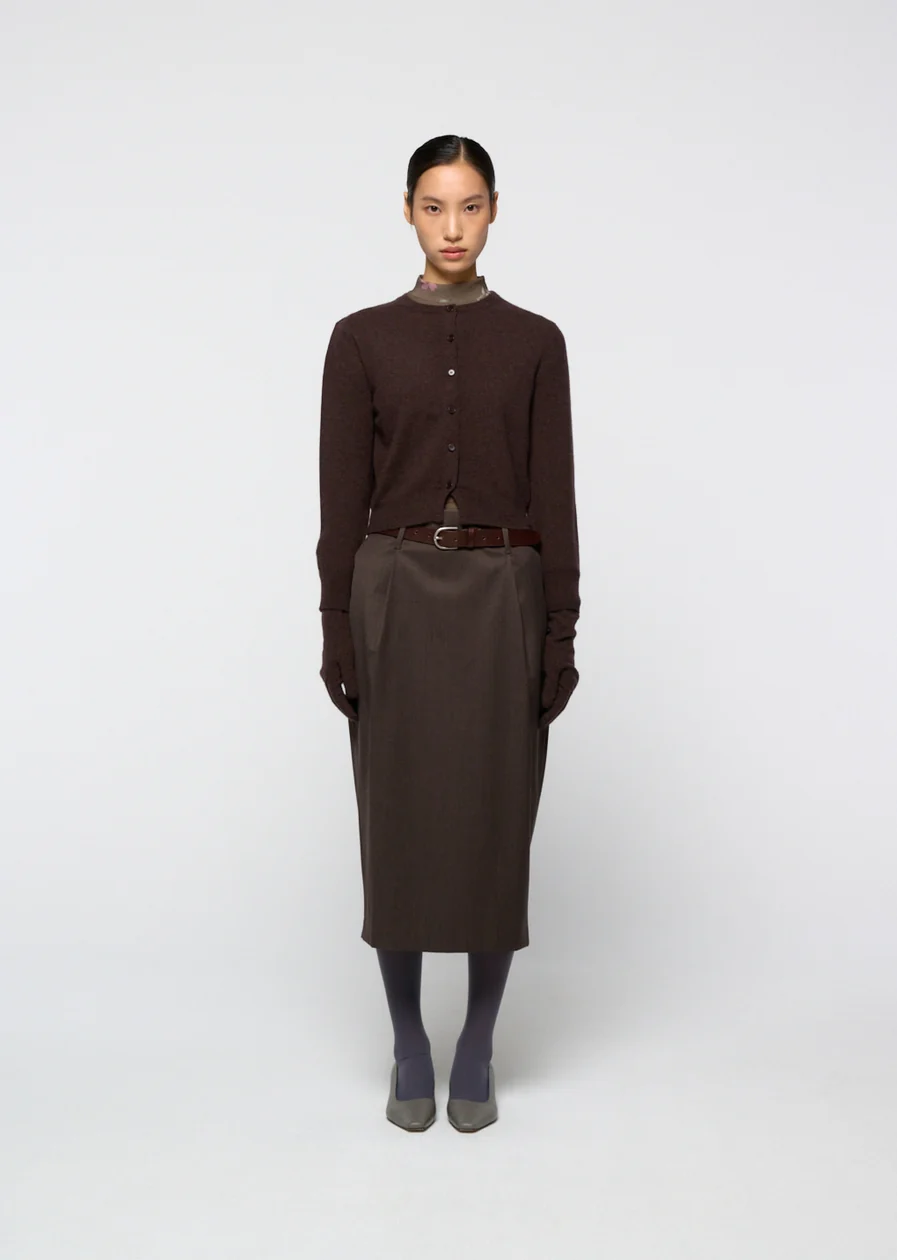 Product: Brown cropped cardigan and skirt