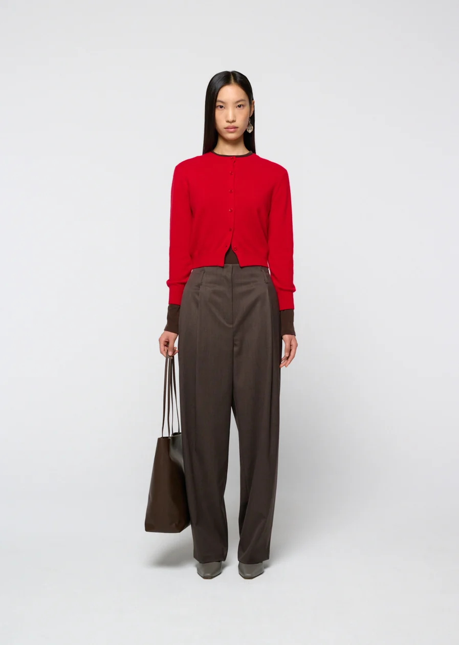 Product: Red cardigan and brown trousers