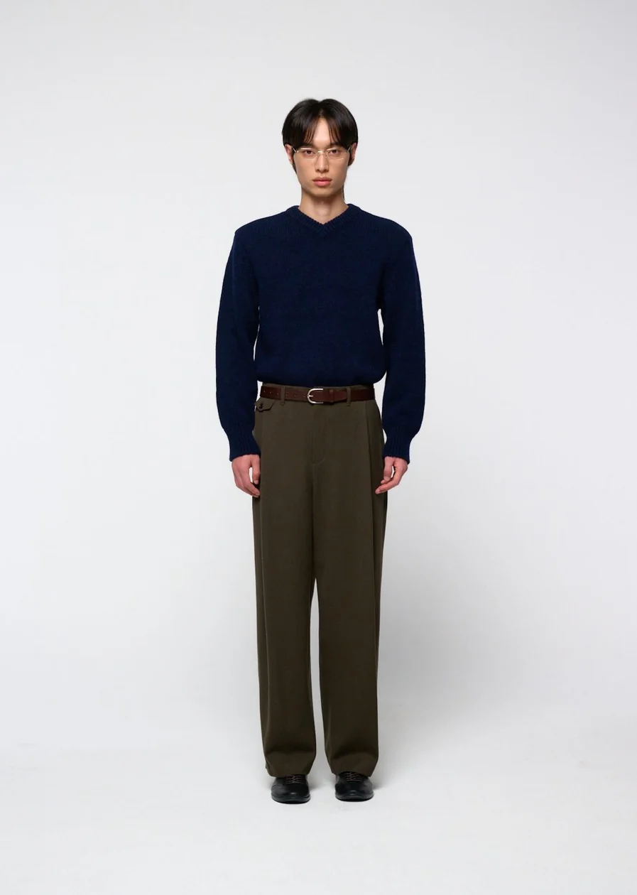 Product: Navy V-neck sweater and olive trousers