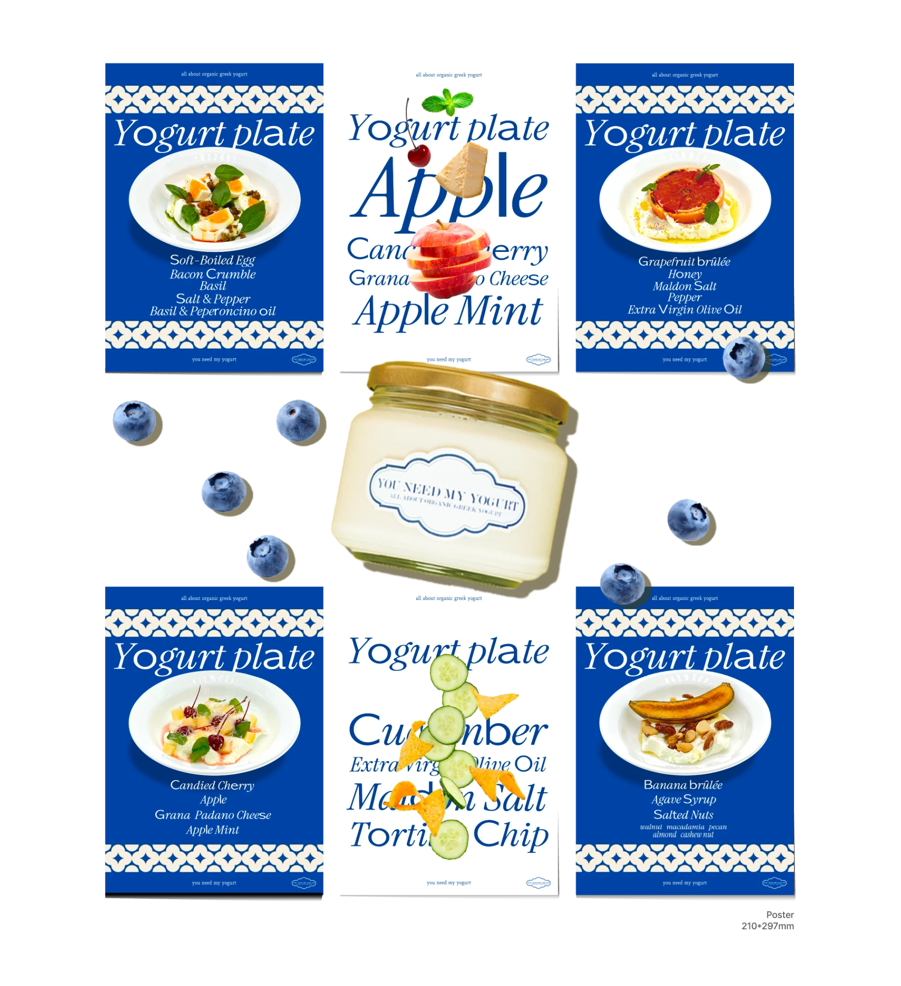 You Need My Yogurt poster series mockup with jar and blueberries