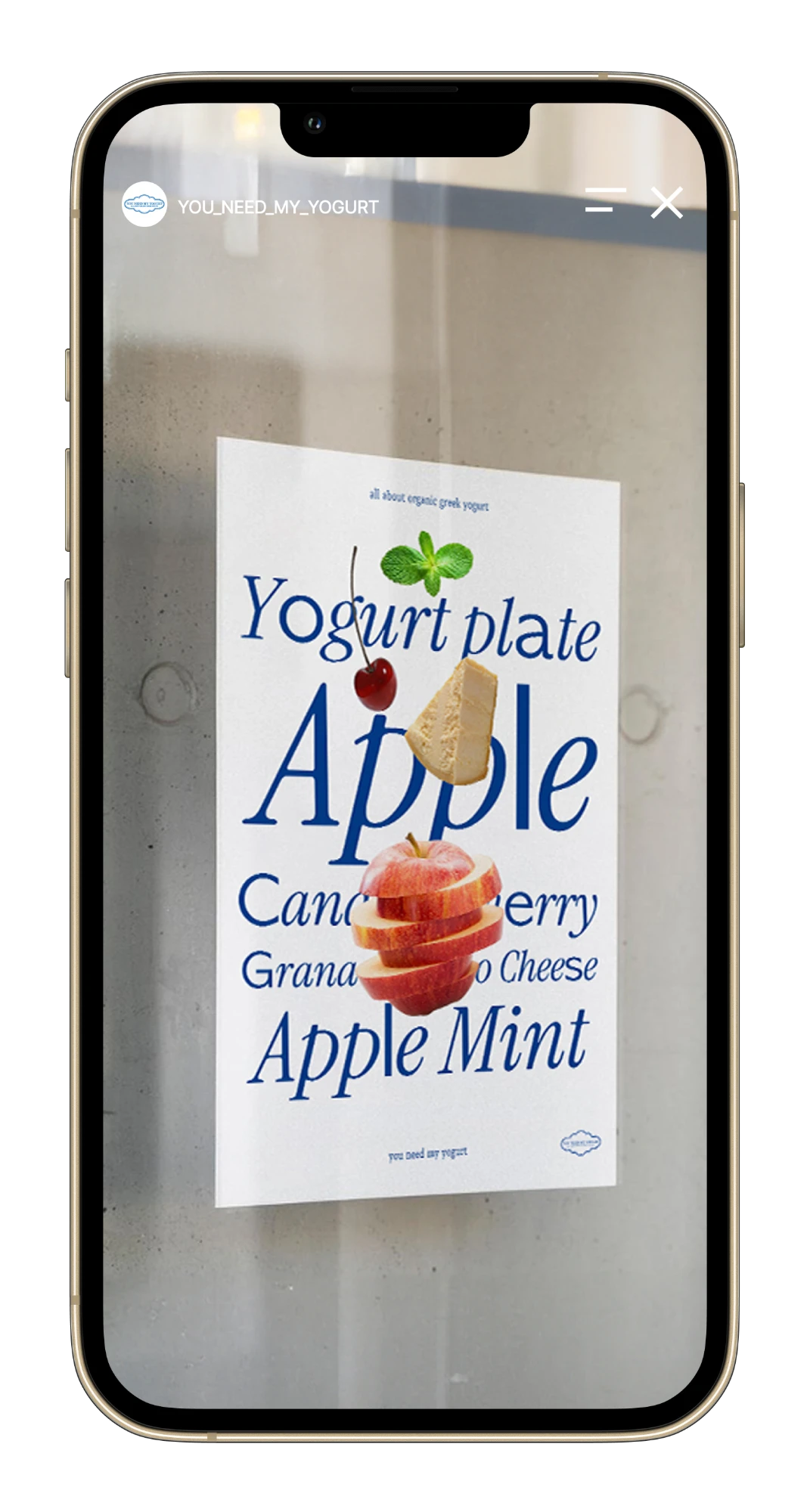 Instagram story: Yogurt plate Apple poster on glass door