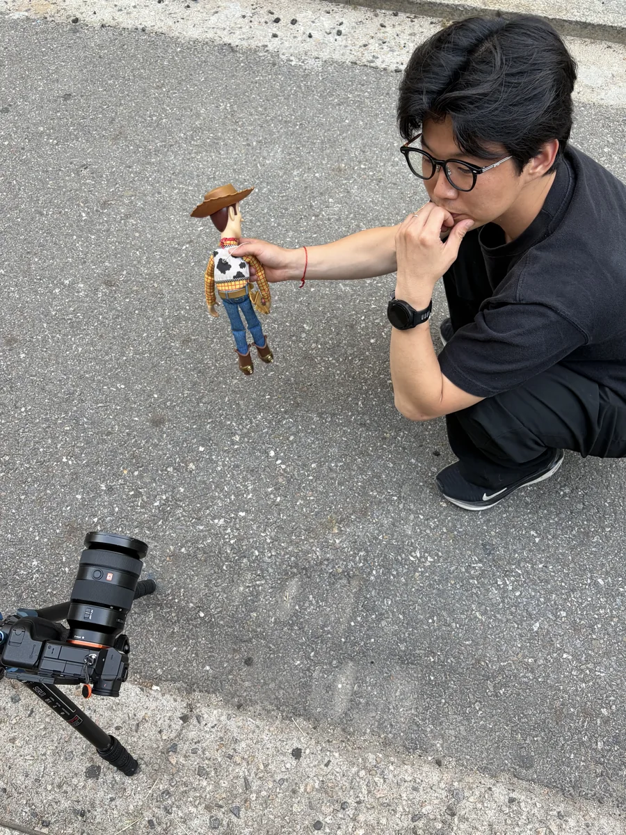 Shooting a Woody figure on the street